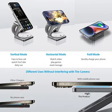 Hot sale Portable Magnetic 3 In 1 Wireless Charger Foldable multifunction wireless charger