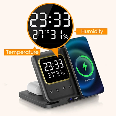 Factory Direct Sale 5 In 1 Humidity Temperature Display Time CLock Charger LED Wireless Station H23