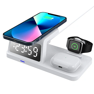 2023 New Arrival Led Time Display Quick Charging 3 In 1 Wireless Charger With Alarm Clock H63