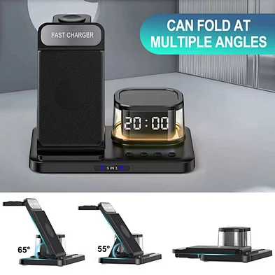 5 In 1 Multifunction Table Alarm Clock Mobile Phone Charging Holder Desktop Folding H33 4In1 Wireless Charger Lamp