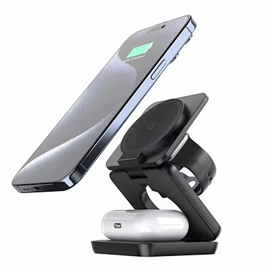 Factory Direct Sale High Quality Tri 3in1 Qi Folding Vertical Wireless Magnetic Charger For Phone Watch Earphones