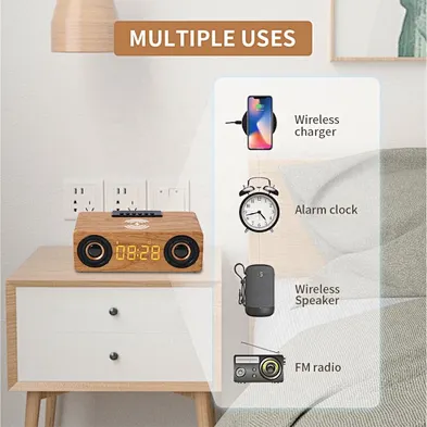 New Multi-functional Wooden Alarm Clock Speaker 10W Mobile Phone Wireless Charger CO213