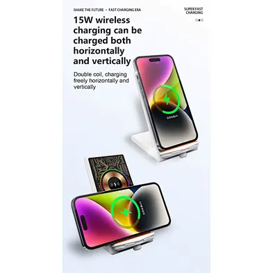 Mobile Phone 15W Fast Wireless Charging 3 In 1 Qi Stand Charger with night light