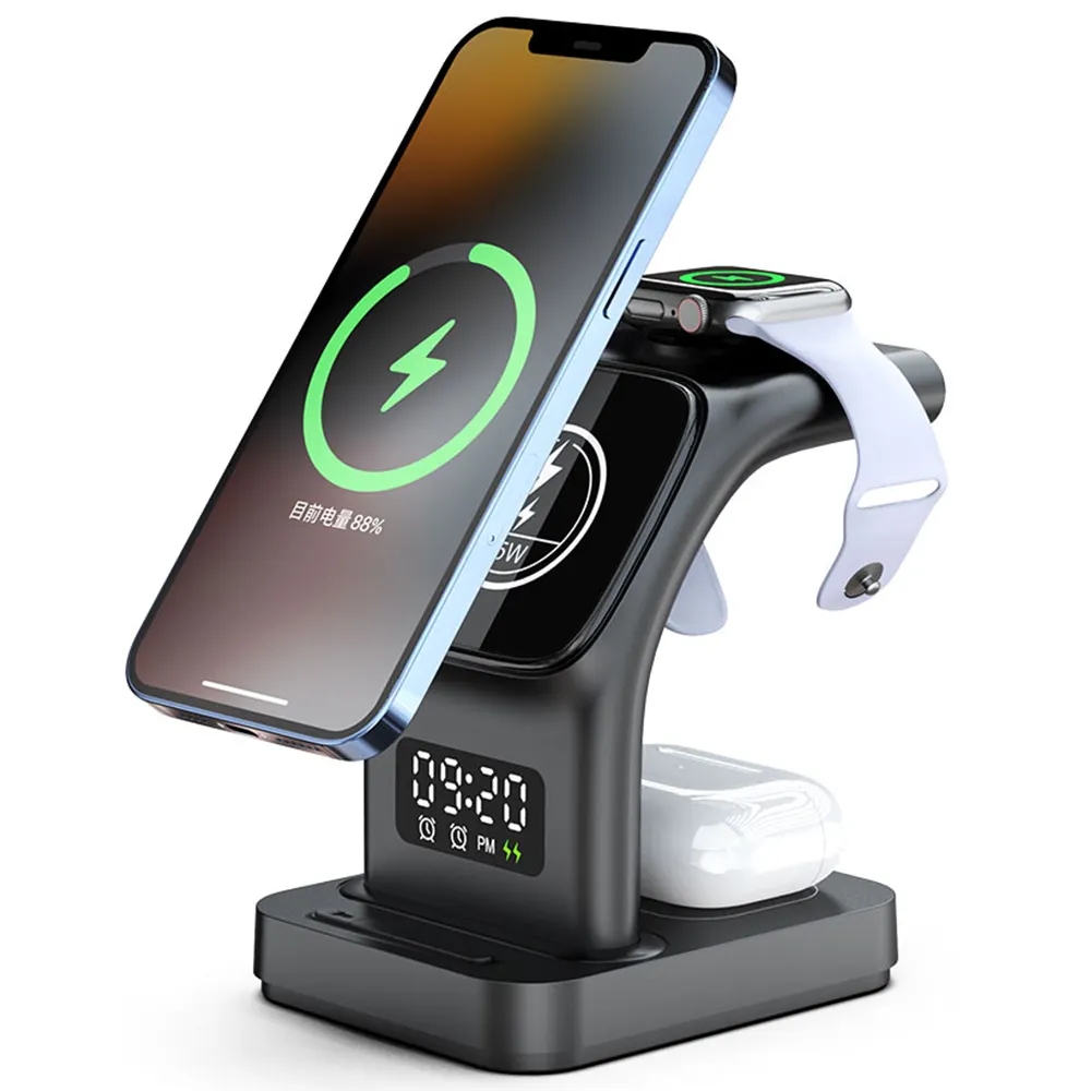 Portable Charging Stand Vertical 4 In 1 Magnetic Wireless Phone Charger With Alarm Clock