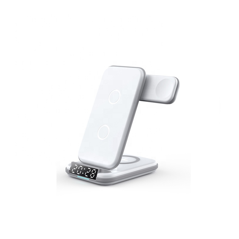 2023 New Multifunctional foldable 4 in 1 wireless charger with alarm clock stand portable wireless phone charger