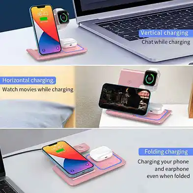 Foldable 15W Magnetic Portable 3 In 1 For Smart Watch Lamp With Led Light Fast Charging Wireless Charger