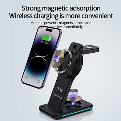 Universal Portable Fast Qi 3 In One 15W Folding 5 In 1 Magnetic Suction Wireless Charger With Light H109