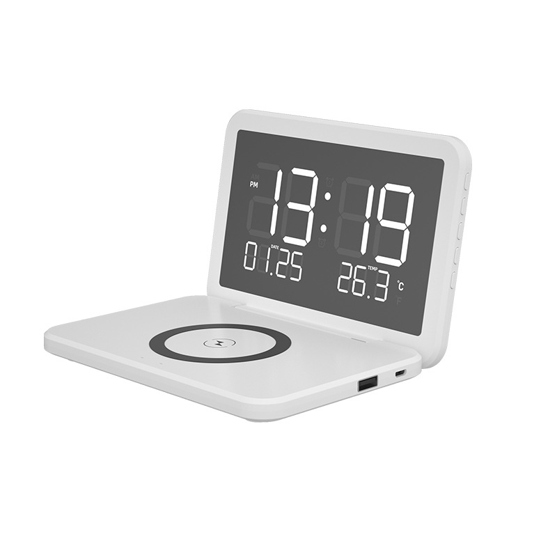 15W Electronic Desk Calendar Clock Folding Wireless Charging  with Phone Charger Mirror Wireless Charging Alarm Clock