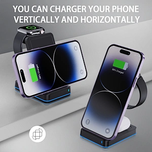 Two Sides Watch Charging Qi Fast Charge 15W 3 In 1 Wireless Charger With Turned Over Design