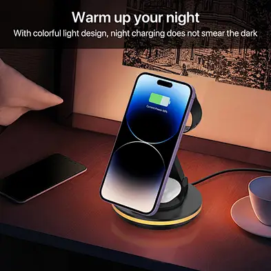 High quality Magnetic fast charging 3 In 1 multifunction for phone watch wireless charger with RGB night lamp