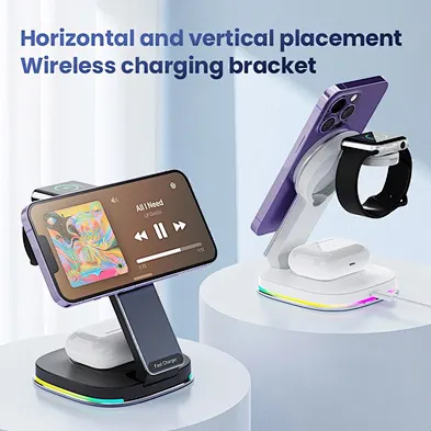 2024 best sale Magnetic Fast 15W 3 In 1 Foldable Wireless Charger with night light multifunction wireless charger