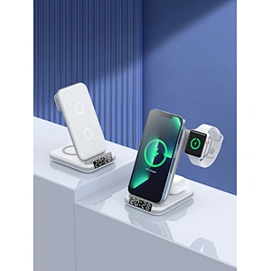 2023 New Multifunctional foldable 4 in 1 wireless charger with alarm clock stand portable wireless phone charger
