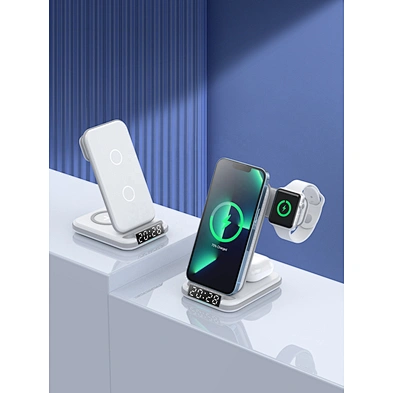 2023 New Multifunctional foldable 4 in 1 wireless charger with alarm clock stand portable wireless phone charger
