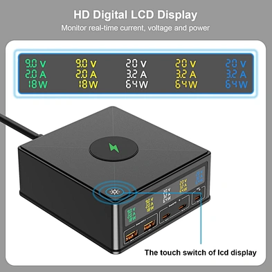 2024 new 160w 6 charging ports Charging Stand 6 In 1 Wireless Fast Phone Charger Station 15W hd digital lcd display