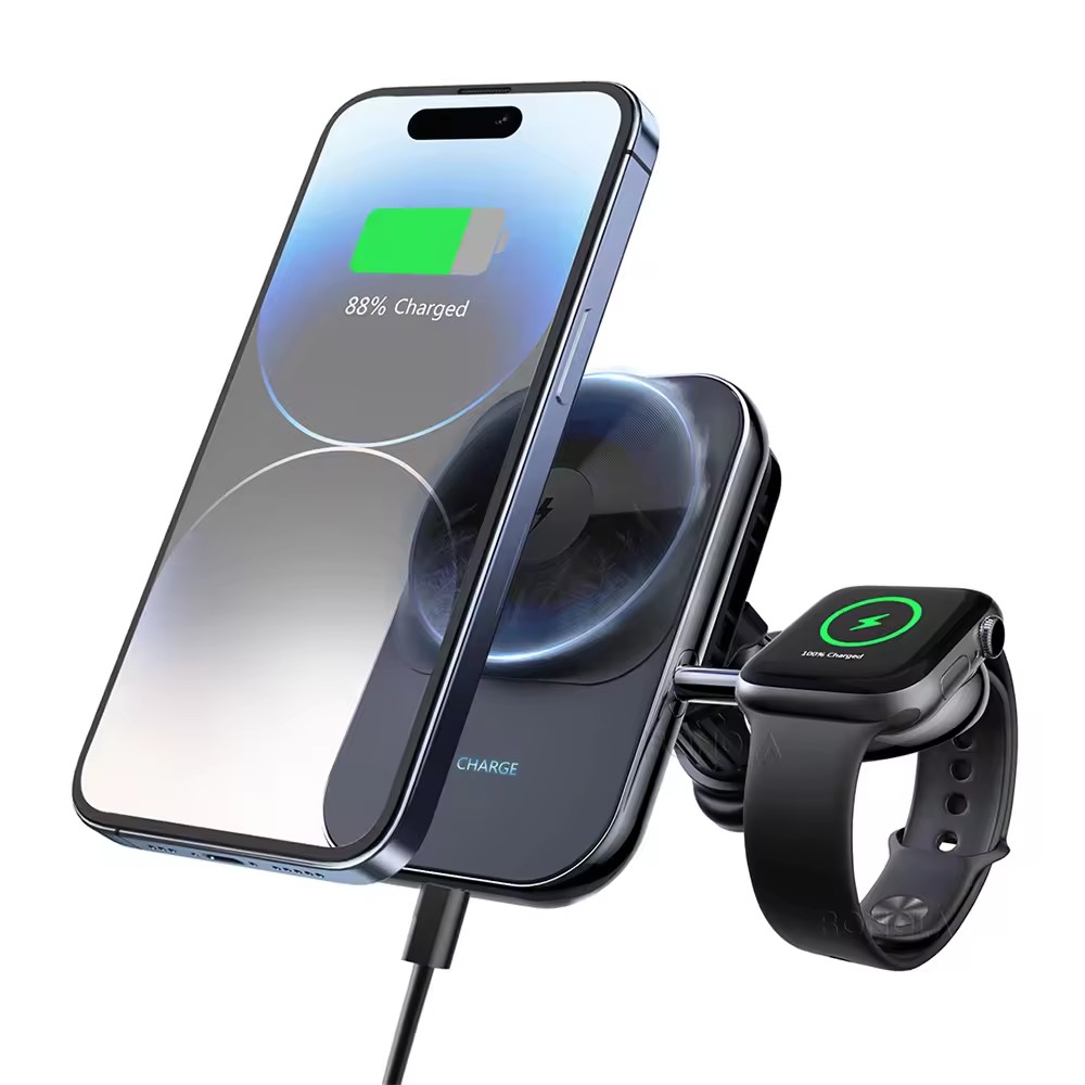 15w Magnetic Fast Car Charger Wireless Phone Holder Air Vent Holder 2 In 1 Wireless Car Charger Watch