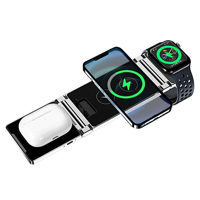 JEDI 2023 Multifunctional Dual Coil 3in1 15W Folding Charging Stand Magnetic Foldable Portable Wireless Phone Charger