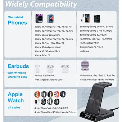 Wireless Charging Station 6 in 1 Wireless Charger with Alarm Clock Charging Stand Dock