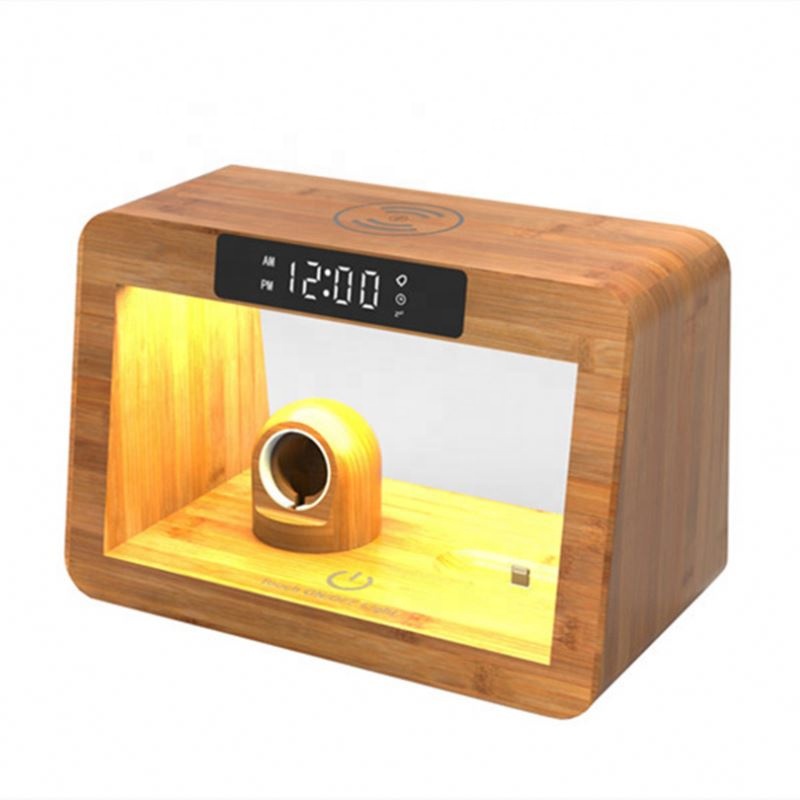 JEDI Bedside Table Lamp 15W Charging Station Wood Bamboo Wireless Charger Clock With Logo Printing