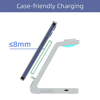 White 5 In 1 Bedroom Fast Charge Stand Station 3 In 1 Smart Wireless Desk Alarm Clock Charger With Led Light