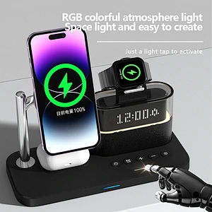 New 5 in 1 Light Alarm Wireless  With Wireless Charger And Clock with rgb night light wireless charger