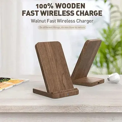 Wooden Double Headphone Stand With Wireless Phone Charger