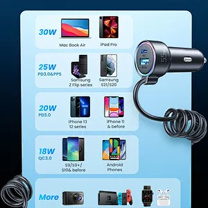 2024 hot sale multifunction 3 In 1 Fast C Car Charger With Retractable Usb Cable portable car charger