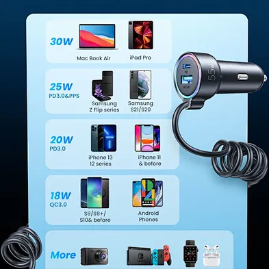 2024 hot sale multifunction 3 In 1 Fast C Car Charger With Retractable Usb Cable portable car charger