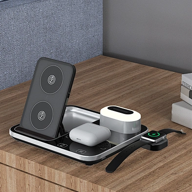 JEDI Desktop RGB Night Light Foldable R12 Wireless Charger 4 In 1 Wireless Charging Station With Electric Lifting