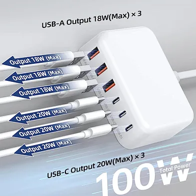 Usb C Fast Charger 100W 6 Port Pd And Qc A Wall Adapter Super Type Block Compact 5Ft Extension Cube Charging U Gan Charge Plug