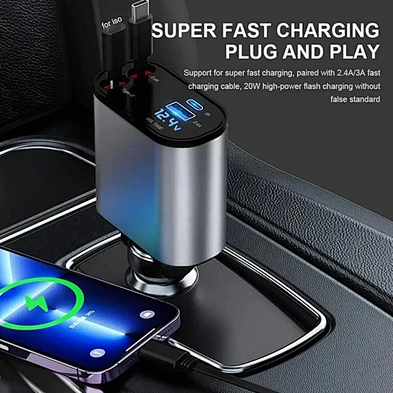 4 IN 1 Retractable Car Charger USB Type C Cable  Fast Charge Cord Cigarette Lighter Adapter for iphone samsung phone