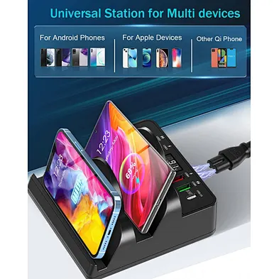 2024 3 in 1 Wireless Charger,gaN Dual 15W Charger Pad QC PD USB Fast Phone Charger Battery Indicators for multifunction