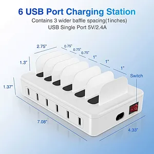 50W 6 Port multi usb charger station Organizer with 6 Cables Compatible with Cellphone tablet