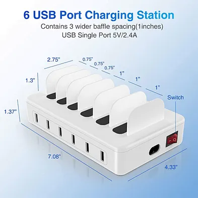50W 6 Port multi usb charger station Organizer with 6 Cables Compatible with Cellphone tablet