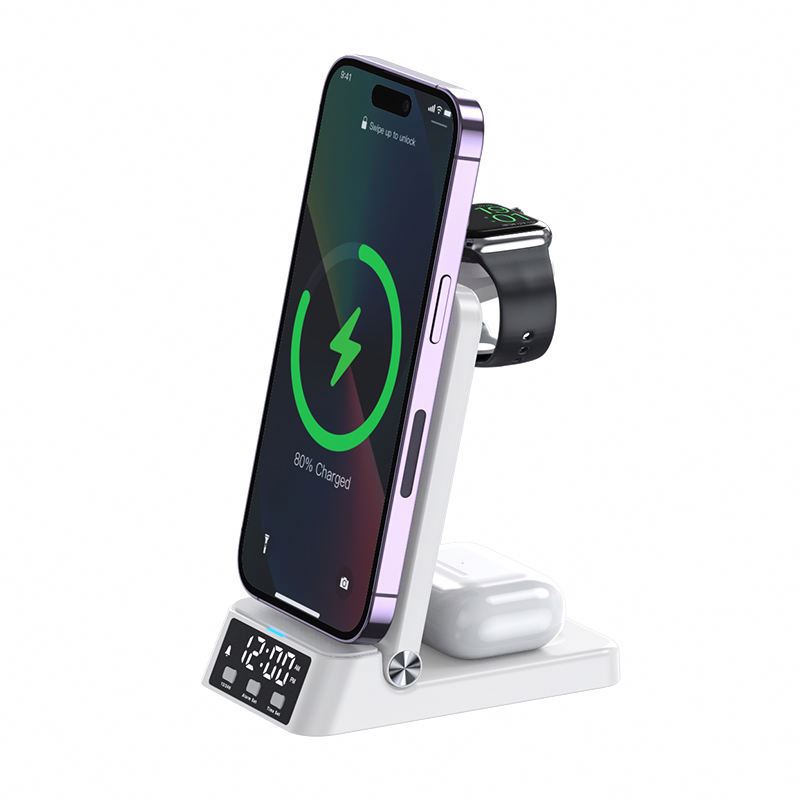 Multifunctional  Fast Charging Stand 4in1 Foldable Portable Digital Alarm A60 3 In 1 Wireless Charger With Clock