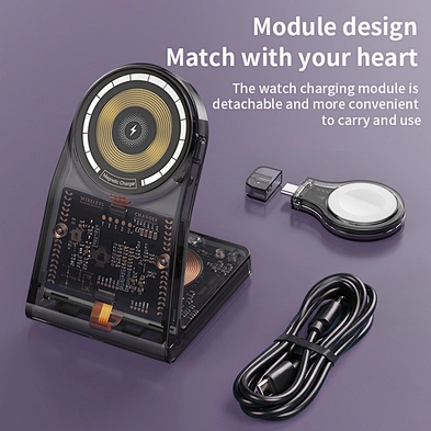 2024 new design transparent 20W Charger Fast Smart Magnetic Portable Wireless Charging Stand Travel 3 In 1 wireless charger