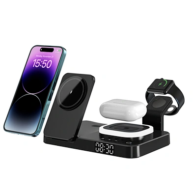 5 In 1 Foldable Charging Stand Bed Side Led Night Light Wireless Charger With Alarm Clock