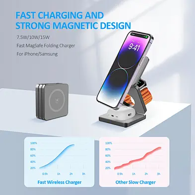 Anti Slip Slim Fast 3 in 1 foldable magnetic wireless charger Portable Mini Aluminum Alloy Wireless Charger