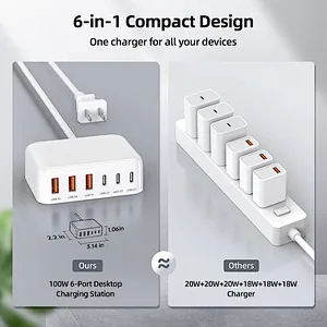 Usb C Fast Charger 100W 6 Port Pd And Qc A Wall Adapter Super Type Block Compact 5Ft Extension Cube Charging U Gan Charge Plug