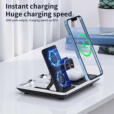 3 In 1 Fast Charging 3-In-1 Foldable 15W Digital Clock Metal Wireless Charger