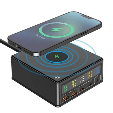 2024 new 160w 6 charging ports Charging Stand 6 In 1 Wireless Fast Phone Charger Station 15W hd digital lcd display
