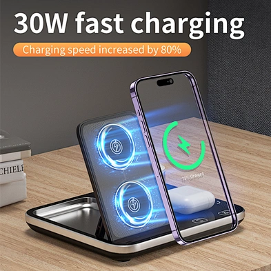 JEDI Desktop RGB Night Light Foldable R12 Wireless Charger 4 In 1 Wireless Charging Station With Electric Lifting