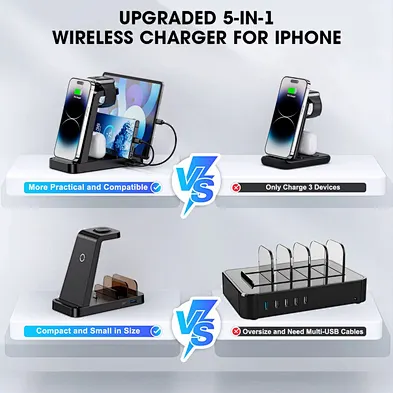 36W 5 in 1 wireless charger Desktop Charger multi functional wireless charging Station with TYPE-C AND USB OUTPUT