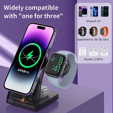 2024 new design transparent 20W Charger Fast Smart Magnetic Portable Wireless Charging Stand Travel 3 In 1 wireless charger