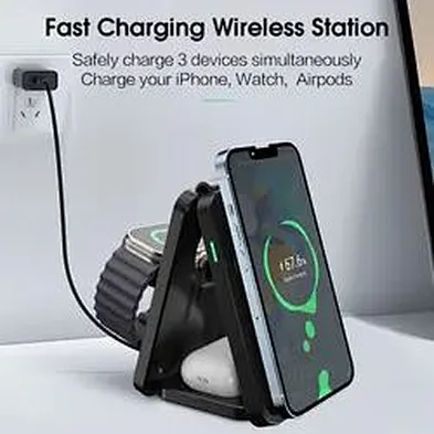 2024 phone holder multifunction wireless charger Magnetic Qi Wireless Charger Foldable 3 In 1 black
