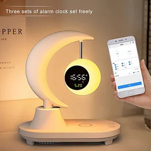 2024 NEW  design Led Circle Lamp And Night Alarm Multifunctional Smart Light 15W Fast Wireless Charger With Clock