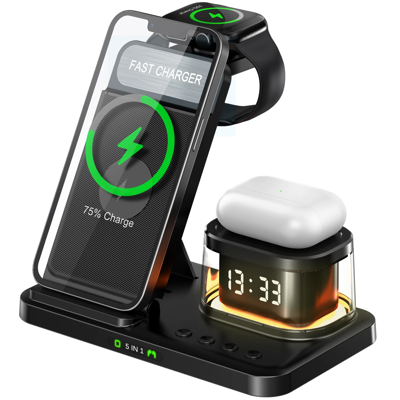 Foldable wireless charger with clock Fast Charging 15W Foldable 3 In 1 Multifunction Magnetic Wireless Charger