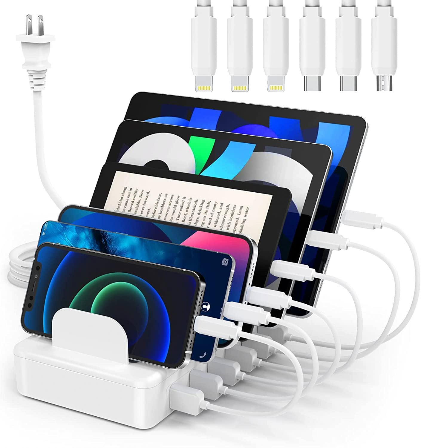 50W 6 Port multi usb charger station Organizer with 6 Cables Compatible with Cellphone tablet