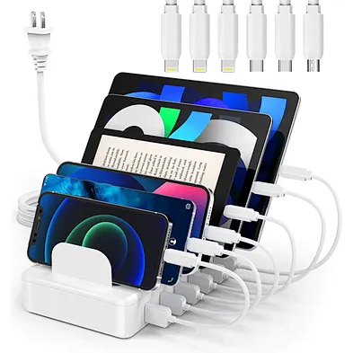 50W 6 Port multi usb charger station Organizer with 6 Cables Compatible with Cellphone tablet