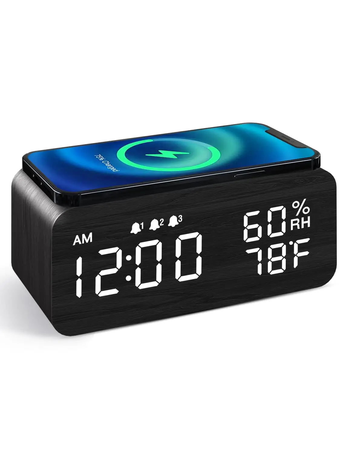 Clock Wood Alarm Desk With Display Led Digital phone Time Clocks Table Thermometer Humidity Sound Control Wireless Charger