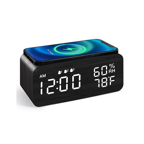 Clock Wood Alarm Desk With Display Led Digital phone Time Clocks Table Thermometer Humidity Sound Control Wireless Charger
